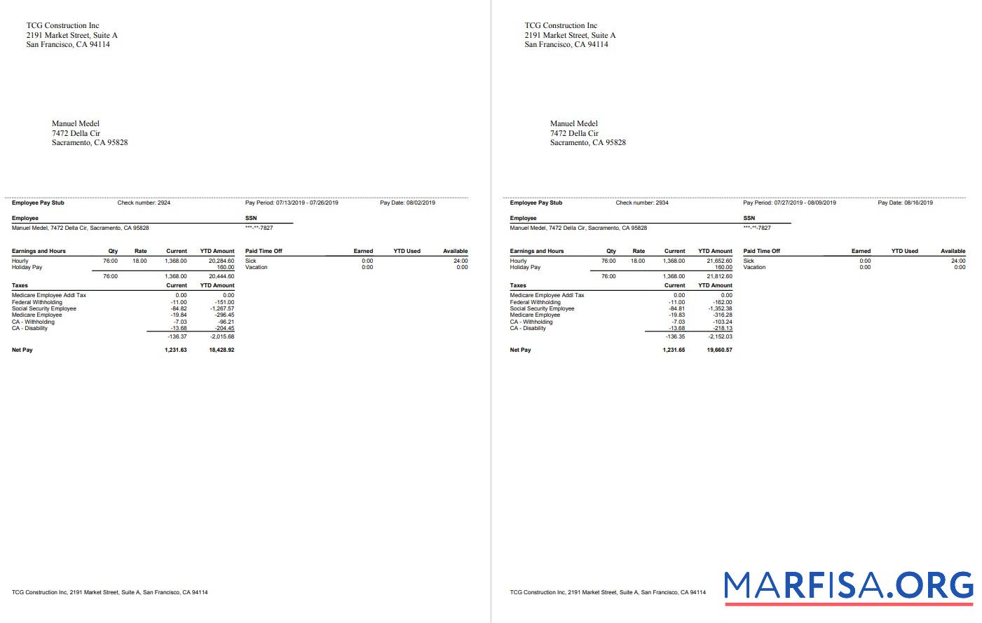 Blank TCG Construction Inc. Employee Paystub example